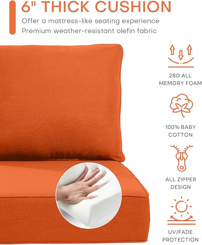 Luxury 22x24/22x25 6-Inch Outdoor Cushions for 5 Peice Patio Furniture Set - Set of 5 Water-Resistant Pillow for Dining Rocking Swivel Chairs Loveseat Couch Sectional Sofa - Orange