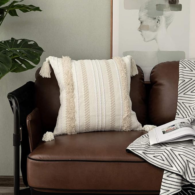 OJIA Boho Decorative Throw Pillow Cover, 20 x 20 Farmhouse Cute Pillowcase Minimalist Neutral Collection Cream White Tufted with Tassels Woven Square Cushion Cover for Sofa Couch Bedroom Living Room