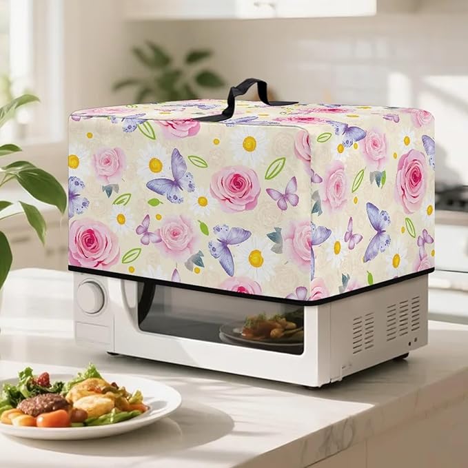 Microwave Universal Oven Dust Cover, Butterfly Rose Foldable Dust Cover for Microwave Oven 11"H x 14.5"W x 18.3"L Heat-Resistant Dusts Covers Fits for Most Microwaves Ovens