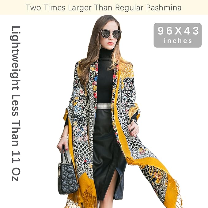 DANA XU 100% Merino Wool Extra Large Pashmina Blanket Travel Scarf Cashmere Wrap for Women Fall Winter Oversize Shawl Floral