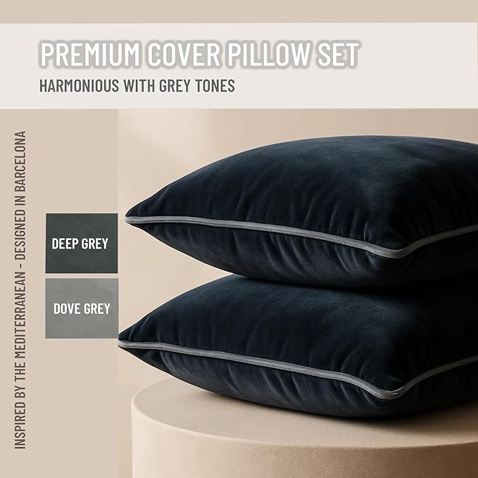 2 Pack Velvet Decorative Throw Pillow Covers, 18"x18", Navy Blue and Grey, Solid, Modern, Contrast Piping, Indoor Use, Bedroom & Living Room