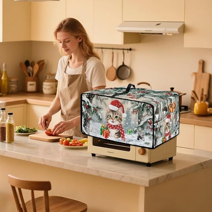 Air Fryer Toaster Oven Dust Cover Dust Protection Countertop Convection Oven Cover Stain-resistant Kitchen Appliance Protector for Christmas Winter, M, Cat Snowy Tree Print