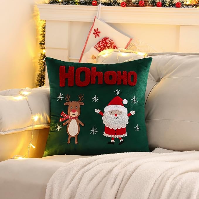 LUOYEHK Christmas Pillow Covers 18x18 Set of 2 Cute Santa Claus and Reindeer Decorative Green Pillow Cases Winter Holiday Velvet Embroidered Cushion Covers for Couch Sofa Bed