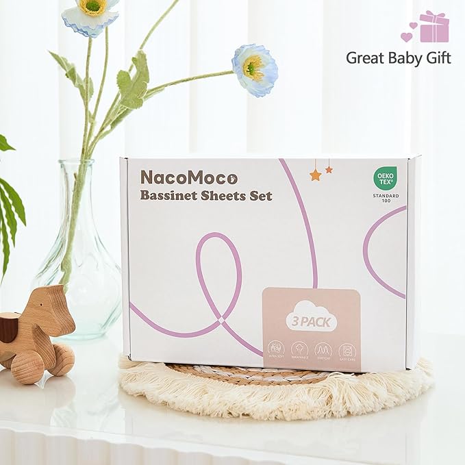 3 Pack Soft Strecthy Bassinet Sheets - 35"x20" Bedside Bassinet Sheets for for Newton, Ezebaby, AMKE(3 in 1) & Other Large Bedside Sleeper | Breathable & Skin Friendly Bassinet Fitted Sheets for Girls
