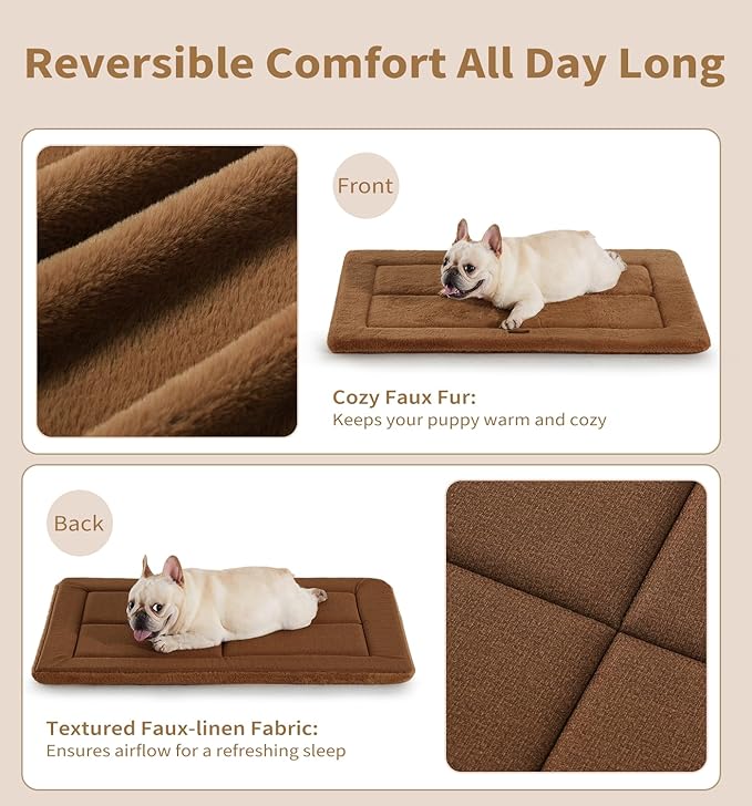 MADE 4 PETS Dog Crate Pad Bed for Small Dogs, Washable & Reversible, Anti-Slip Kennel Mat for Cozy Sleeping, Soft Fluffy Dog Bed for Indoor & Outdoor Use, 24"x18", Brown