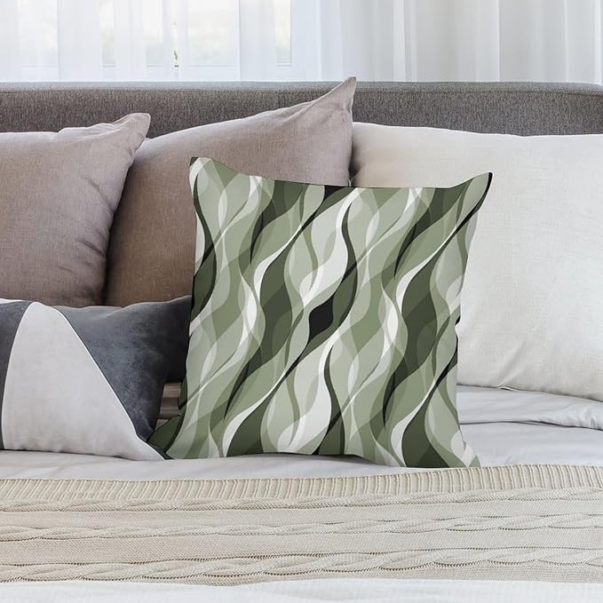 Sage Green Throw Pillow Covers Abstract Ombre Green and Grey Striped Decorations for Bedroom Living Room Farmhouse Sofa Pillows Bed Couch 18x18 Inch
