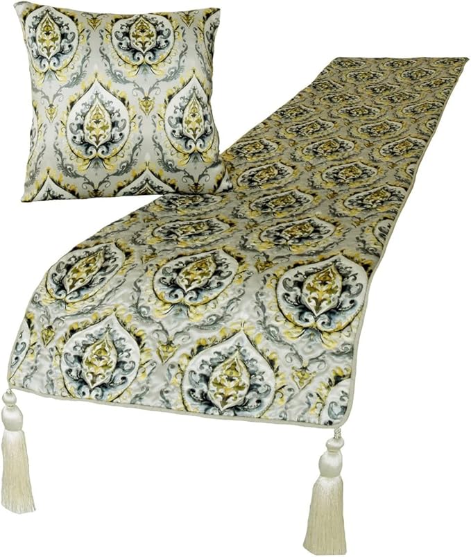 The HomeCentric King/Queen/Twin Grey & Yellow Designer King 90"x18" Bed Runner with Pillow Cover, Quilted, Damask & Tassels Bed Scarf on Jacquard Fabric - Flamey Damask