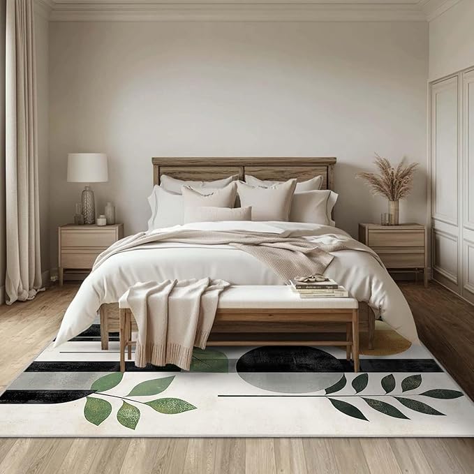 6x9 Boho Area Rug Green Leaf Black White Golden Rug Non Slip Low Pile Large Carpet for Home Kitchen Living Room Bedroom Dining Room Office