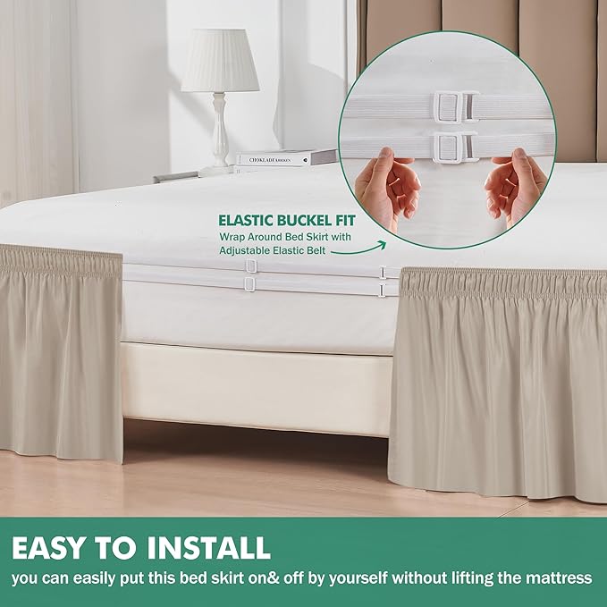 Biscaynebay Wrap Around Bed Skirts with Split Corners for Queen Beds 18" Drop, Light Camel Adjustable Elastic Dust Ruffles Easy Fit Wrinkle Resistant Silky Luxurious Fabric Machine Washable