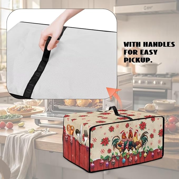 Christmas Toaster Oven Dust Cover with Storage Pockets, Protective Decorative Smart Oven Cover for for Kitchen Countertop, S, 14.5 x 18.5 x 9 Inches, Rooster Chicken Poinsettia Red Beige