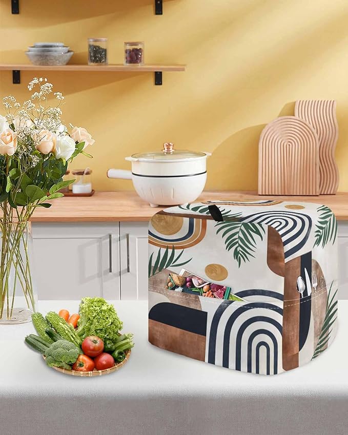 Farmhouse Boho Stand Mixer Dust Cover with Storage Pocket & Handles, Fits All Tilt Head & Bowl Lift Vintage Abstract Kitchen Appliance Cover Organizer Geometric Leaves Bag Accessories, 6-8 Quart