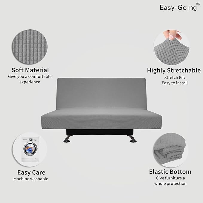 Easy-Going Stretch Futon Slipcover Armless Futon Bed Cover Furniture Protector Without Armrests with Elastic Bottom for Kids, Soft Jacquard Fabric Small Checks (Medium, Light Gray)
