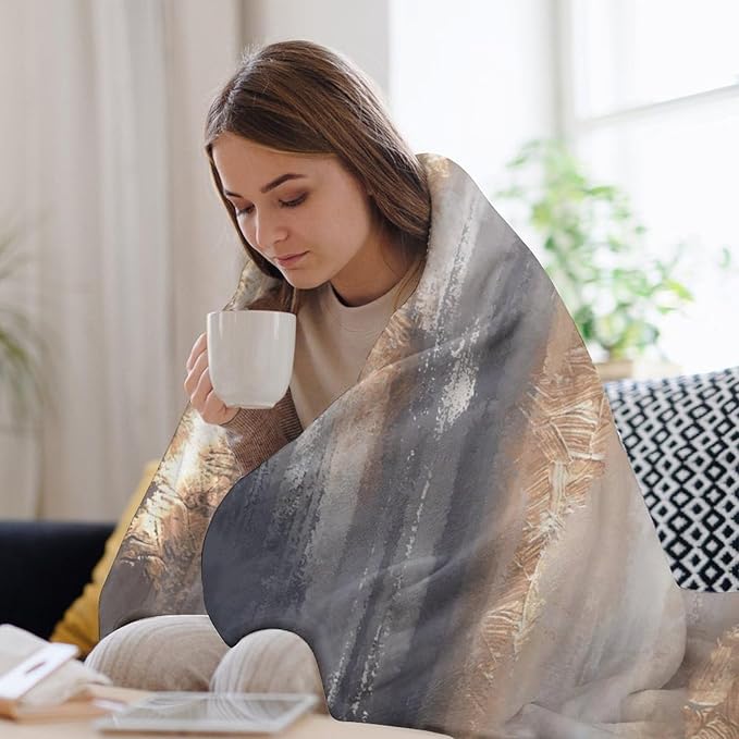 Abstract Gradient Blanket, Modern Fashion Baroque Gold Grey Painting Strokes Pattern Soft Warm Cozy Plush Flannel Covers for Livingroom Bedroom Couch Chair Camping Travel Home Decor Tapestry 60x80in