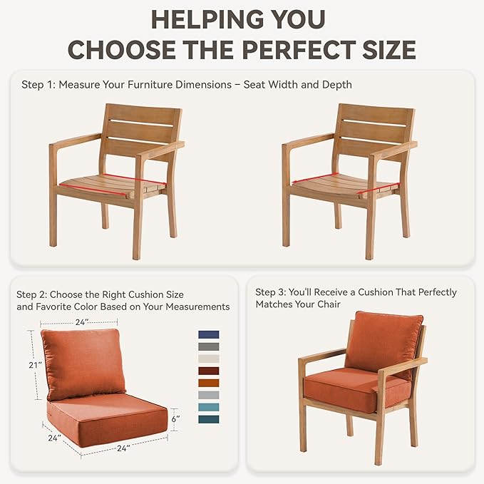 Outdoor Cushion Set for Furniture Patio Furniture, UV Resistant, Water Resistant - 6 Inch Thick Foam Garden Cushions– 24x24 Inch Patio Seat Covers for Chair/Sofa/Couch | Orange | 2-Pack |