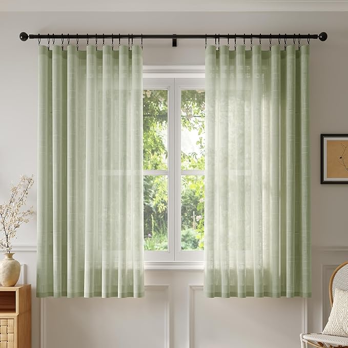 Anmao Natural Linen Curtains for Living Room 45 Inch Length 2 Panels Set, Light Filtering Semi Sheer Window Curtain Drapes for Bedroom with Curtain Rings and Clips, 52Wx45L, Sage Green