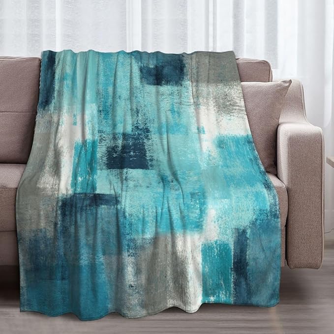 LOKMU Throw Blanket, Teal and Grey Abstract Art Ultra-Soft Cozy Flannel Blankets, Fuzzy Plush Lightweight Modern Blanket for Couch Sofa Bedding Home Decor, 60" L x 50" W