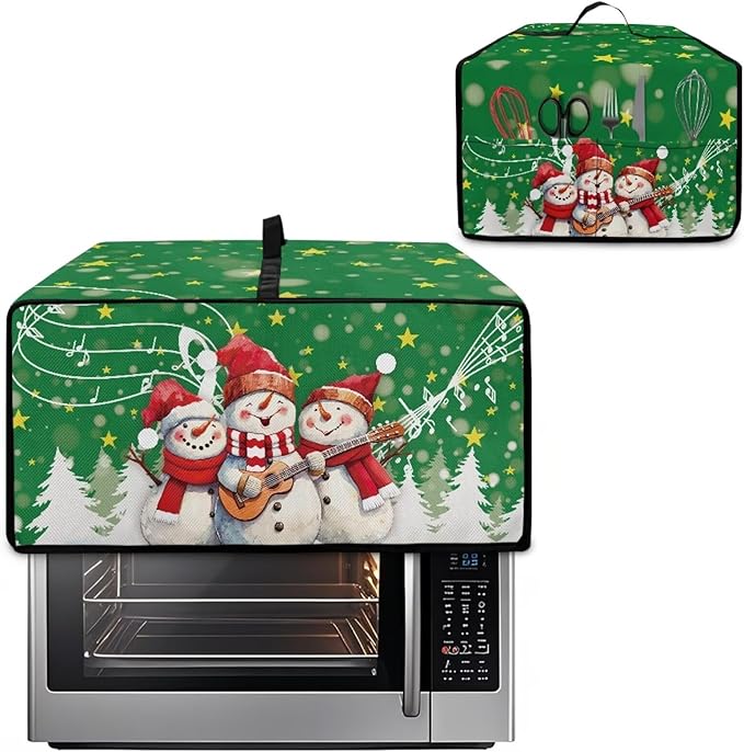 Air Fryer Toaster Oven Cover Fabric Convection Oven Cover with Pockets, Small Appliance Dust Protection for Christmas, S, 14.5 x 18.5 x 9 Inches, Snowman Guitar Musical Note Star Green