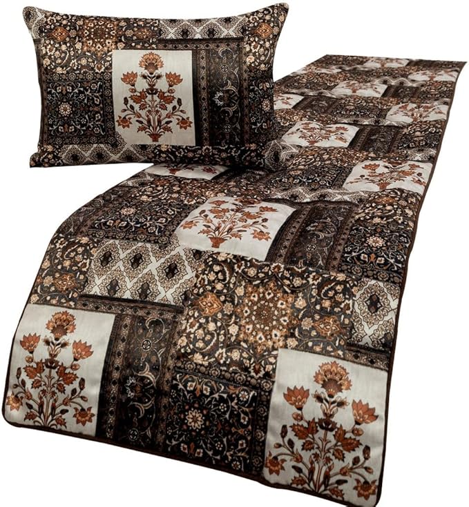 The HomeCentric King/Queen/Twin Brown Decorative Full 68"x18" Bed Runner with Pillow Cover Quilted Bed Scarf on Satin Fabric - Parisa
