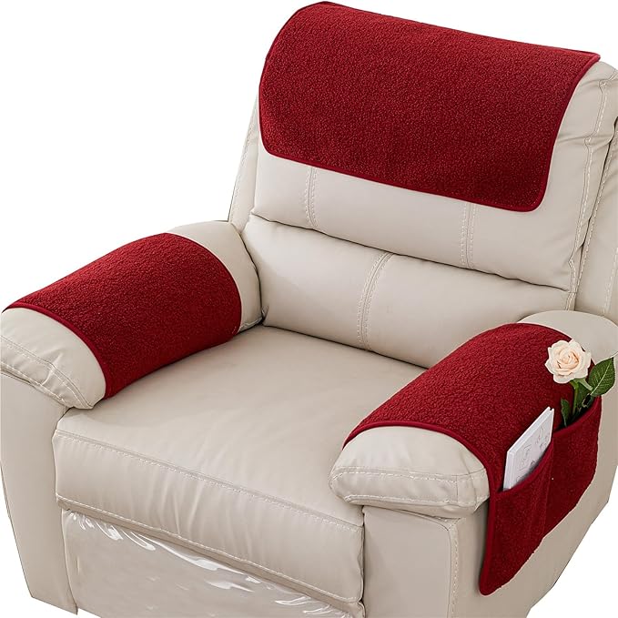 Armrest Cover, Recliner Chair Protector, Furniture Protector Slip, Side Storage Pocket, Stretch Armchair Couch Arm Rest Cover for Recliner, Chair, Sofa (Wine Red,2 Seater(4pcs))