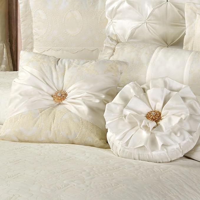Cameo Lace Luxury Washable Polyester Bedding | Vintage | Pearl Scroll Leaf Quilting | Set of Nine: Cal King Bedspread, 2 King Shams, 2 European Pillows and 2 European Shams, Square and Round Pillows