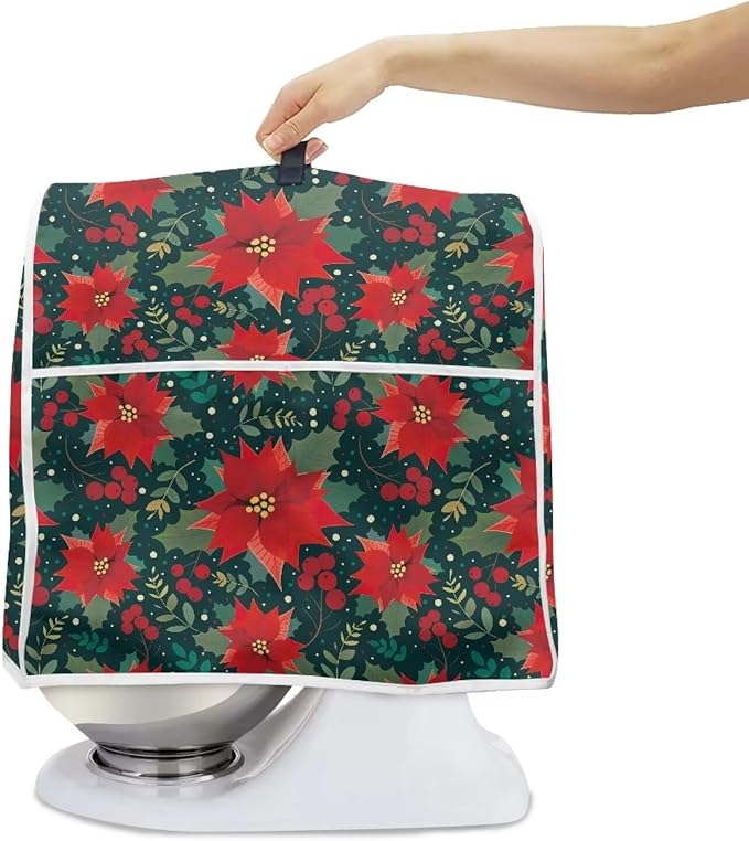 Christmas Stand Mixer Cover Dust Protective Poinsettia Stand Mixer Covers For Kitchen Aid 6-8 Quart Mixers Dustproof Cloth Cover for Small Appliance Protector Christmas Decoration
