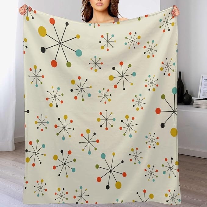 Mid Century Throw Blanket, Retro Abstract Geometric Pattern Boho 1950s 1960s Iconic Atomic Starbursts Modern Sputnik Print Blanket for Couch Sofa Bed Decorative Gifts 30"x40"