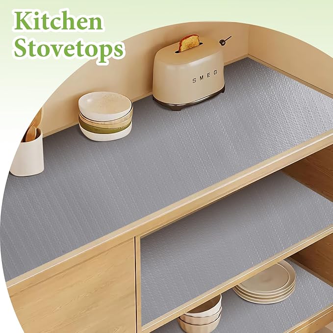 Shelf Liners for Kitchen Cabinets 12in x 20FT Non Adhesive Drawer Liner Grey Thickened Shelf Liner Paper Strong Non-Slip Easy to Clean for Tool Box Refrigerator with Knife and Tape Measure