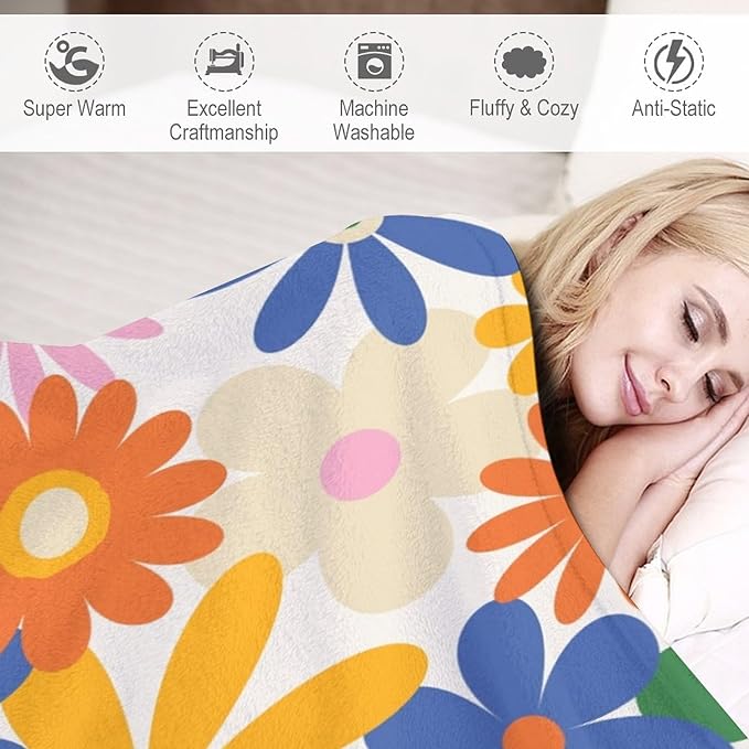 70s Retro Flower Throw Blanket, 60s Vintage Groovy Daisy Flowers Boho Hippie Bright Colorful Floral Print Blanket for Couch Chair Sofa Bed Dorm Bedroom Home 30"x40"