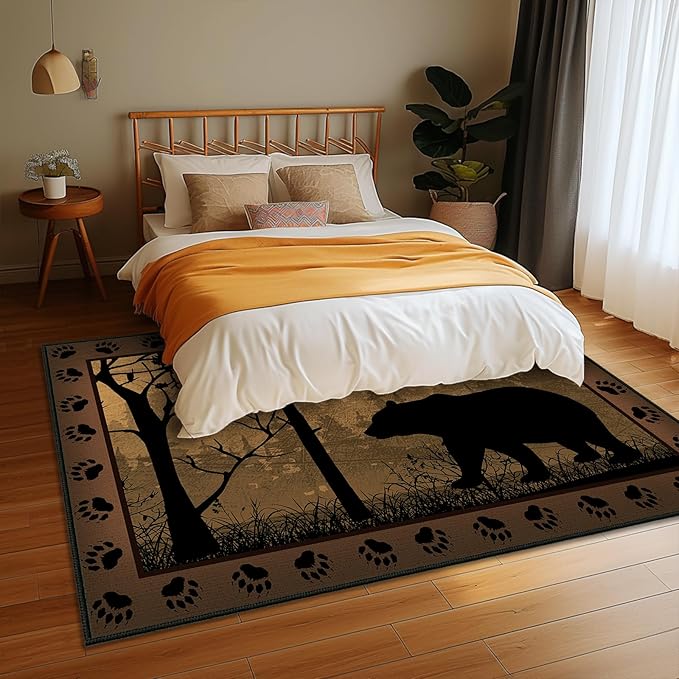 Rustic Area Rug 5x7,Bear Country Cabin Wildlife,Brown Rugs for Living Room,Ultra-Thin Washable Throw Carpet Indoor Vintage Rugs Non Slip Accent Floor Mats for Bedroom,Dining Room,Laundry Room,Office