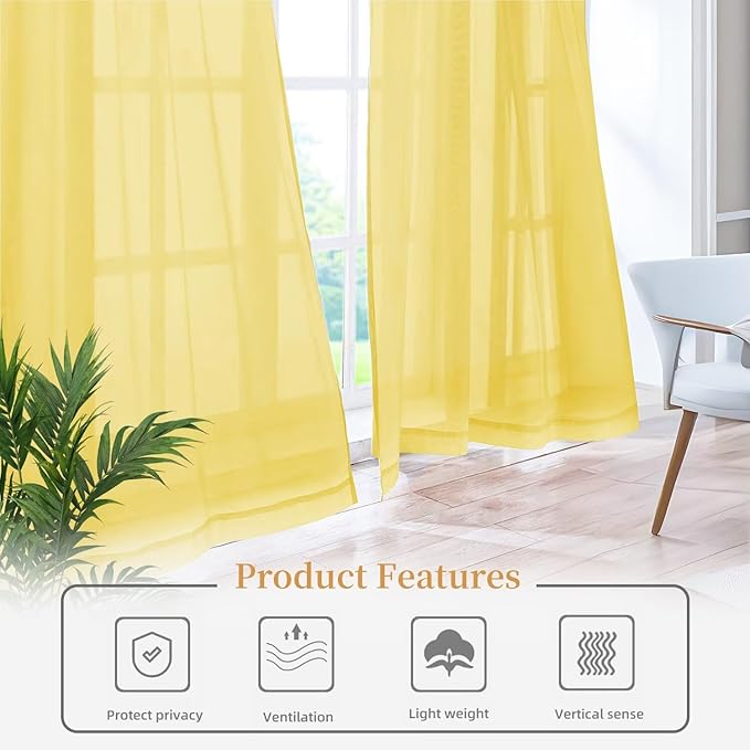 Sheer Curtains 63 Inches Long 2 Panels, Rod Pocket Short Curtain for Kitchen, Bedroom, Cafe Window(Yellow 38" W x 63" L)