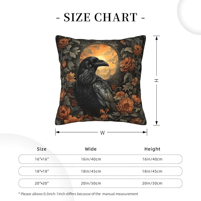 Mystical Raven Art Print Decor, William Morris Abstract Vintage Floral Design 16x16 inches Throw Pillow Covers Square Pillowcases Decor for Bed Couch Sofa Room Cushion Covers