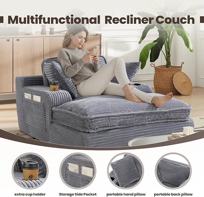 67" Chaise Lounge Chair Indoor, Cozy Oversized Fluffy Sofa with Cup Holders & Throw Pillows, Boneless Sleeper Cloud Couch for Living Room, Movie Room and Apartments, Grey