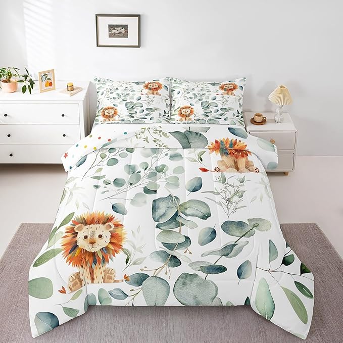 Erosebridal Cute Lion Full Comforter Set for Kids Child Green Eucalyptus Bedding Set Full, Woodland Animal Bedding Comforter Sets Botanical Plant Leaves Duvet Set, Cartoon Wildlife Quilted Comforter