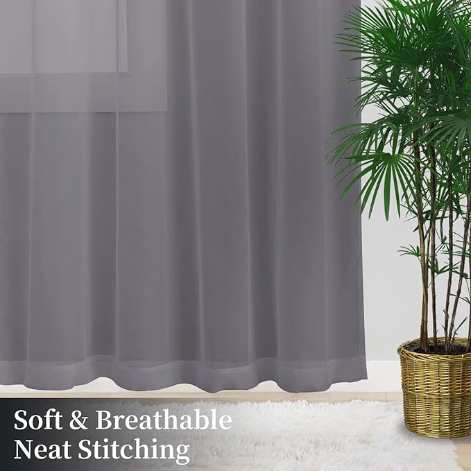 Sheer Curtains 63 Inches Long 2 Panels, Rod Pocket Short Curtain for Kitchen, Bedroom, Cafe Window(Grey 38" W x 63" L)