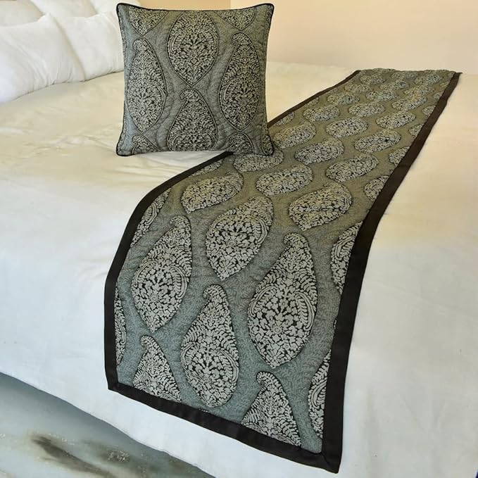 The HomeCentric King/Queen/Twin Grey Decorative Twin 53"x18" Bed Runner with 2 Pillow Cover, Paisley & Beaded Bed Scarf on Jacquard Fabric - Paisley History