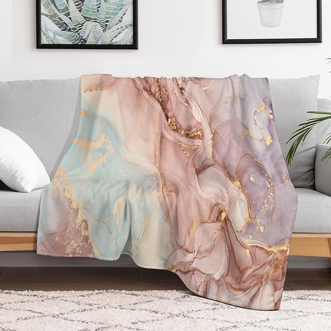 Abstract Marble Blanket, Modern Luxury Baroque Golden Pink Purple Stone Veins Pattern Soft Warm Cozy Plush Flannel Covers for Livingroom Bedroom Couch Chair Camping Travel Home Decor Tapestry 50x60in