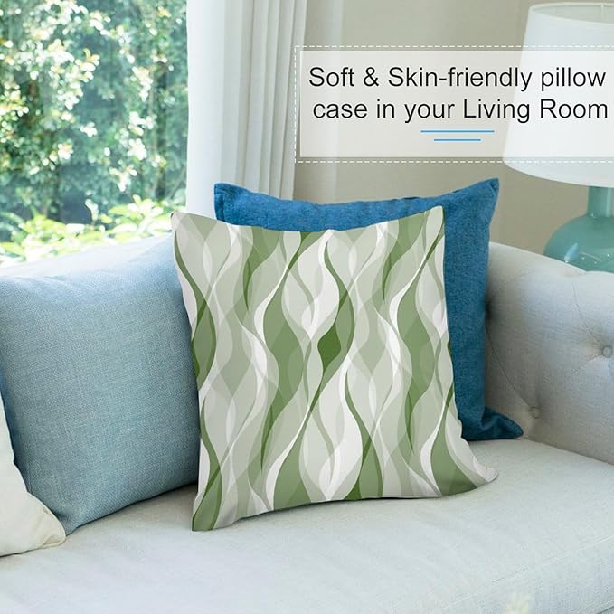 Green Throw Pillow Covers Modern Abstract Ombre Green Striped Decorations for Bedroom Living Room Farmhouse Sofa Pillows Bed Couch 20x20 Inch