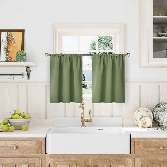 BGment Olive Green Blackout Kitchen Curtains 36 Inches Long - Short Half Drapes with Rod Pocket Privacy for Cafe Bathroom Windows, 34 x 36 Inch, 2 Panels