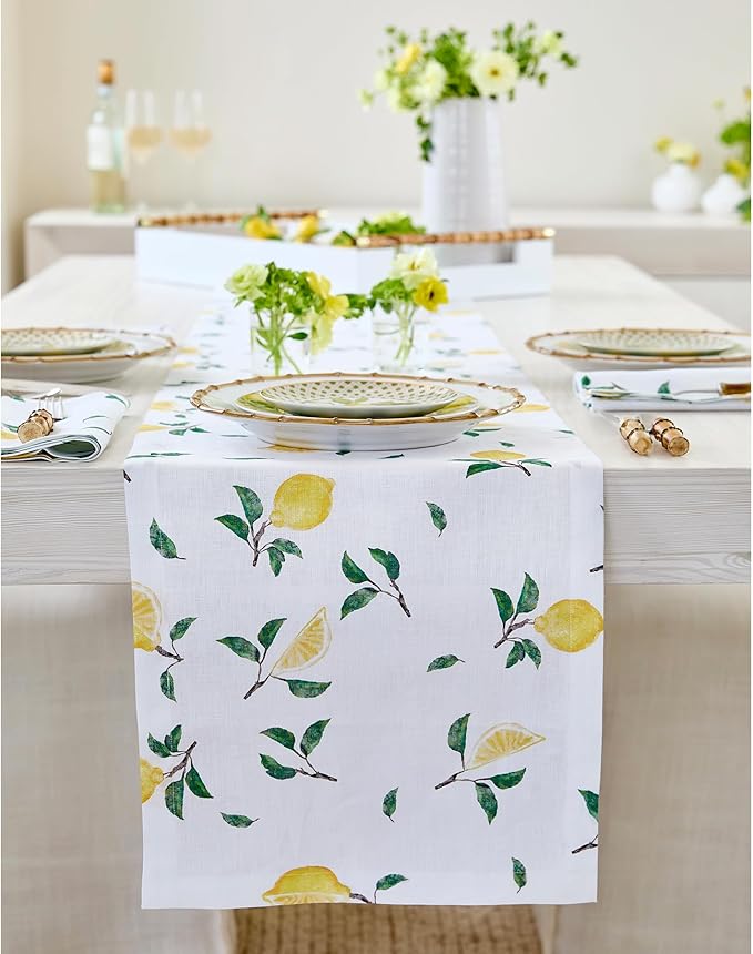 Solino Home Lemon Print Table Runner 48 inch - 100% Pure Linen Table Runner 14 x 48 Inch - Machine Washable - Botanical Lemon/White Print