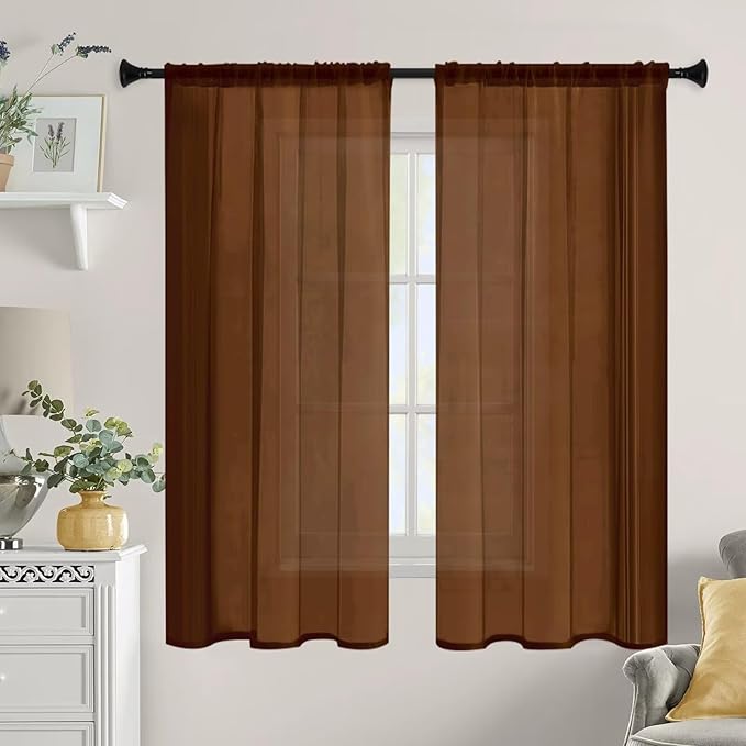 Sheer Curtains 63 Inches Long 2 Panels, Rod Pocket Short Curtain for Kitchen, Bedroom, Cafe Window(Brown 38" W x 63" L)