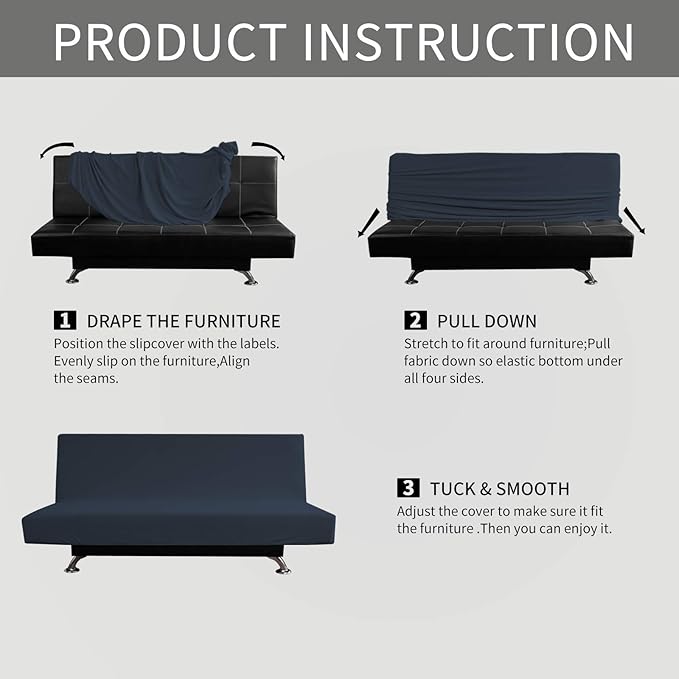 Easy-Going Stretch Futon Slipcover Armless Futon Bed Cover Furniture Protector Without Armrests with Elastic Bottom for Kids, Soft Jacquard Fabric Small Checks (Medium, Dark Blue)