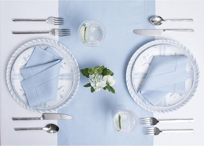 Solino Home Linen Sky Blue Table Runner 156 Inches Long - 100% Pure Linen Extra Long Table Runner 14 x 156 Inch for Christmas, New Year - Classic Hemstitch