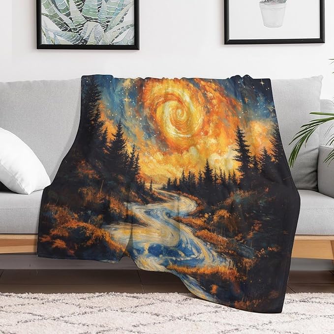Magic Forest Blanket, Abstract Art Oil Painting Dreamworld River Jungle Sunset Pattern Soft Warm Cozy Plush Flannel Covers for Livingroom Bedroom Couch Chair Camping Travel Home Decor Tapestry 50x60in