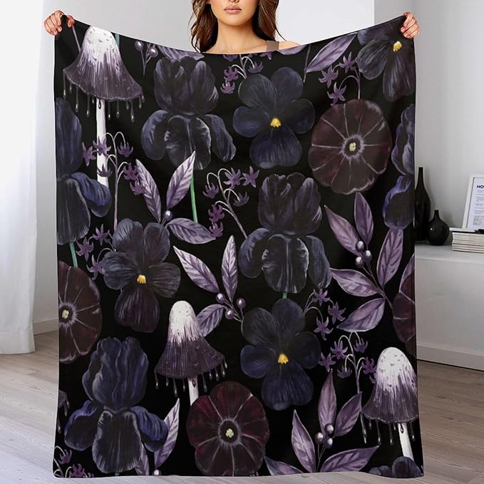 Gothic Floral Blanket, Vintage Abstract Black Purple Peony Flowers Mushroom Print Throw Blanket for Room Bedding Couch Decor Soft Lightweight Warm Cozy, 60"x80"