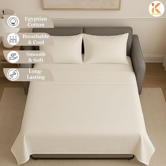 Sleeper Sofa Bed Sheet Set - Full Size 4 PC's Sheet Set Sofa Bed Sheets - 100% Cotton 400 Thread Count Sofa Sheets - Sleeper Sofa Sheets - Fits Mattresses Up to 6" Drop - Ivory