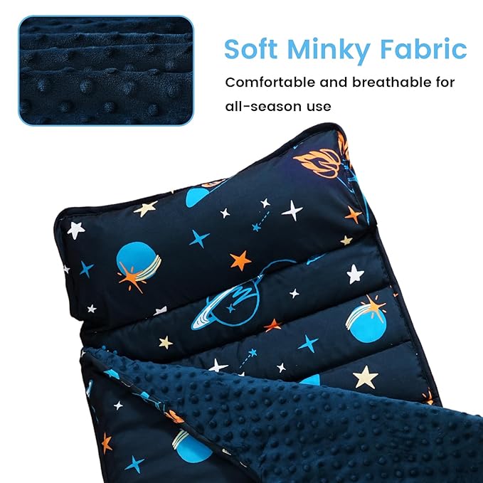 david's kids Minky Toddler Nap Mat with Removable Pillow and Minky Fleece Blanket, Soft Slumber Bags for Boys, Perfect for Preschool, Daycare, Kids Sleeping Bags with Rollup Design, 50"x20", Space