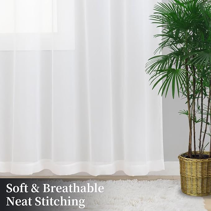 White Sheer Curtains 45 Inches Long 2 Panels, Rod Pocket Short Curtain for Kitchen, Bedroom, Cafe Window(White 38" W x 45" L)