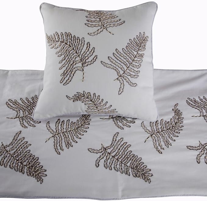 The HomeCentric White Bed Runner, Full Size 68"x18" Decorative Bed Runner with 2 Matching Pillow Cover, White Linen Bed Scarf in Fern Embroidery & Pearl - Fern Blossom
