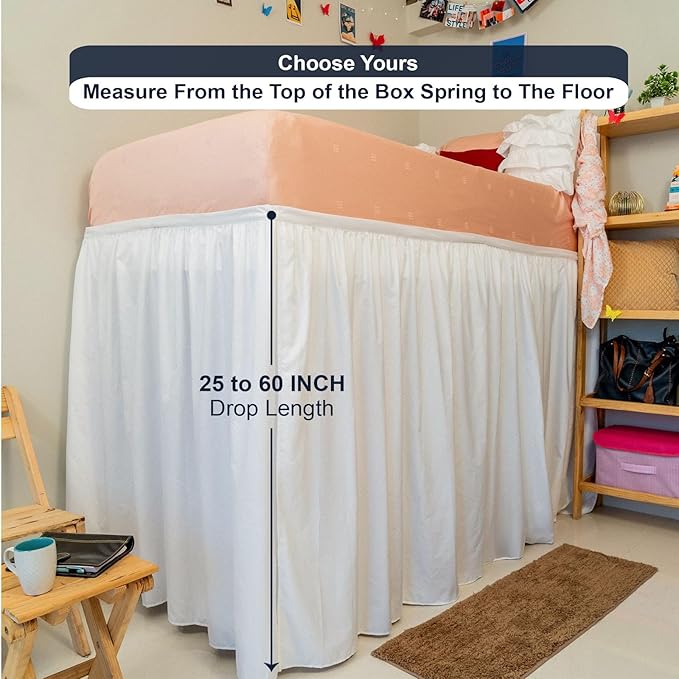 Cottington Lane Extra Long Ruffled College Dorm Bed Skirt 36 Inch Drop, Premium Hotel Collection Brushed Mircofiber Twin XL Dust Ruffle Raised Dorm Room Essentials and Decor, White Solid