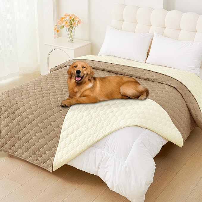 Smiry Waterproof Dog Bed Cover Blanket, Soft Reversible Pet Blanket, Washable Leakproof Cats Dogs Couch Cover for Sofa, Couch, Furniture, Plaid (82x120 Inch, Camel/Beige)